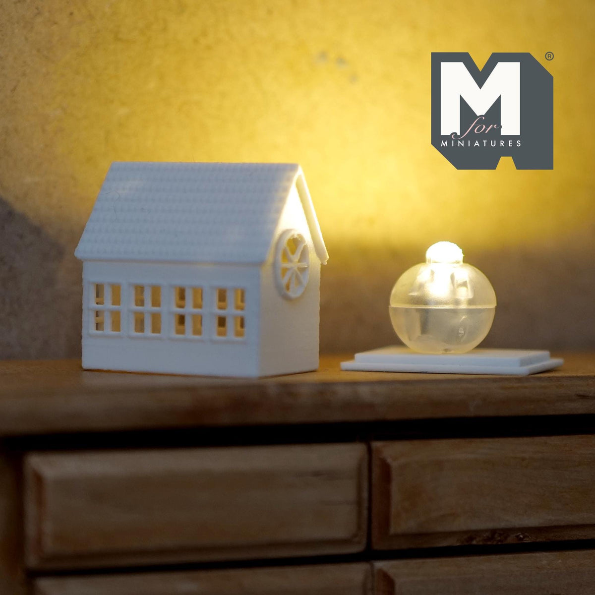 1:12 Scale Miniature House Lantern with Micro LED Lights, Round Attic Window, 1-3/16 inch tall, DIY Dollhouse Supply (white)