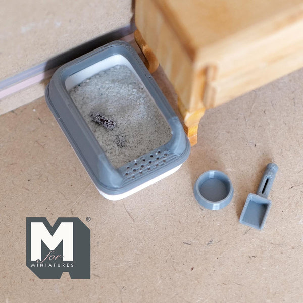 Dollhouse Miniature Litter Box with Lid, Scoop, Bowl, fake Litter and Poop Style Gray