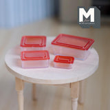 Miniature Food Container Boxes 1:12 Scale Dollhouse Supplies Kitchenware Lunch Box Microwave Box Set of 4  (clear red) - H029