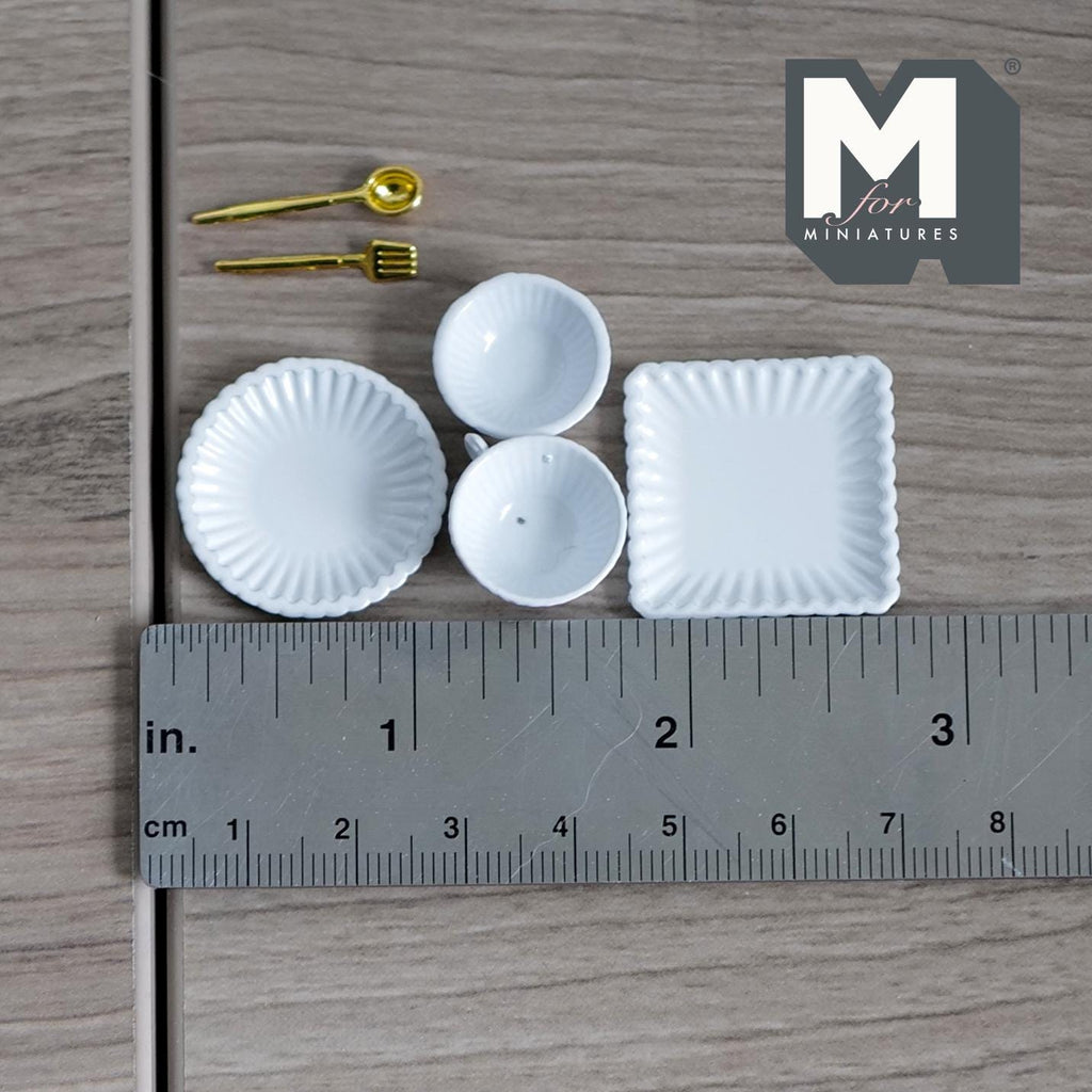 1:12 Scale Miniature Metal Tableware Set, Plates, Bowl, Cup, Spoon and Fork, Set of 6, DIY Dollhouse Supply (white)