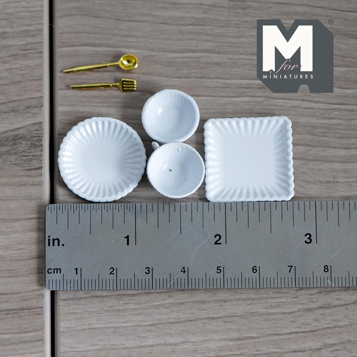 1:12 Scale Miniature Metal Tableware Set, Plates, Bowl, Cup, Spoon and Fork, Set of 6, DIY Dollhouse Supply (white)