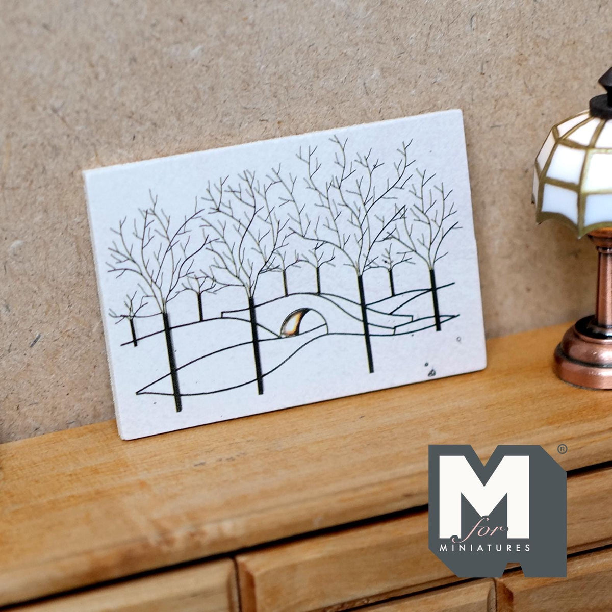 1:12 Scale Miniature Painting, Leafless Trees and Bridge, Wood Backing, 2-9/16 inch wide, DIY Dollhouse Supply (black and white)