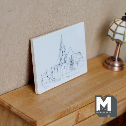 1:12 Scale Miniature Chapel Sketch Print, 2-9/16 inch wide, DIY Dollhouse Supply