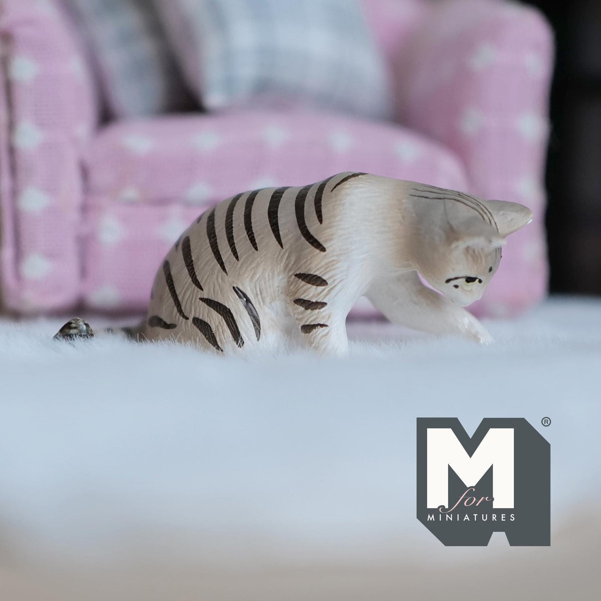 1:12 Scale Miniature Gray Tabby Cat, Lying Stretched Out, 2-3/16 inch long, DIY Dollhouse Supply