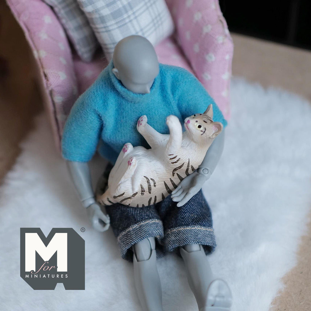 1:12 Scale Miniature Gray Tabby Cat, Lying Stretched Out, 2-3/16 inch long, DIY Dollhouse Supply