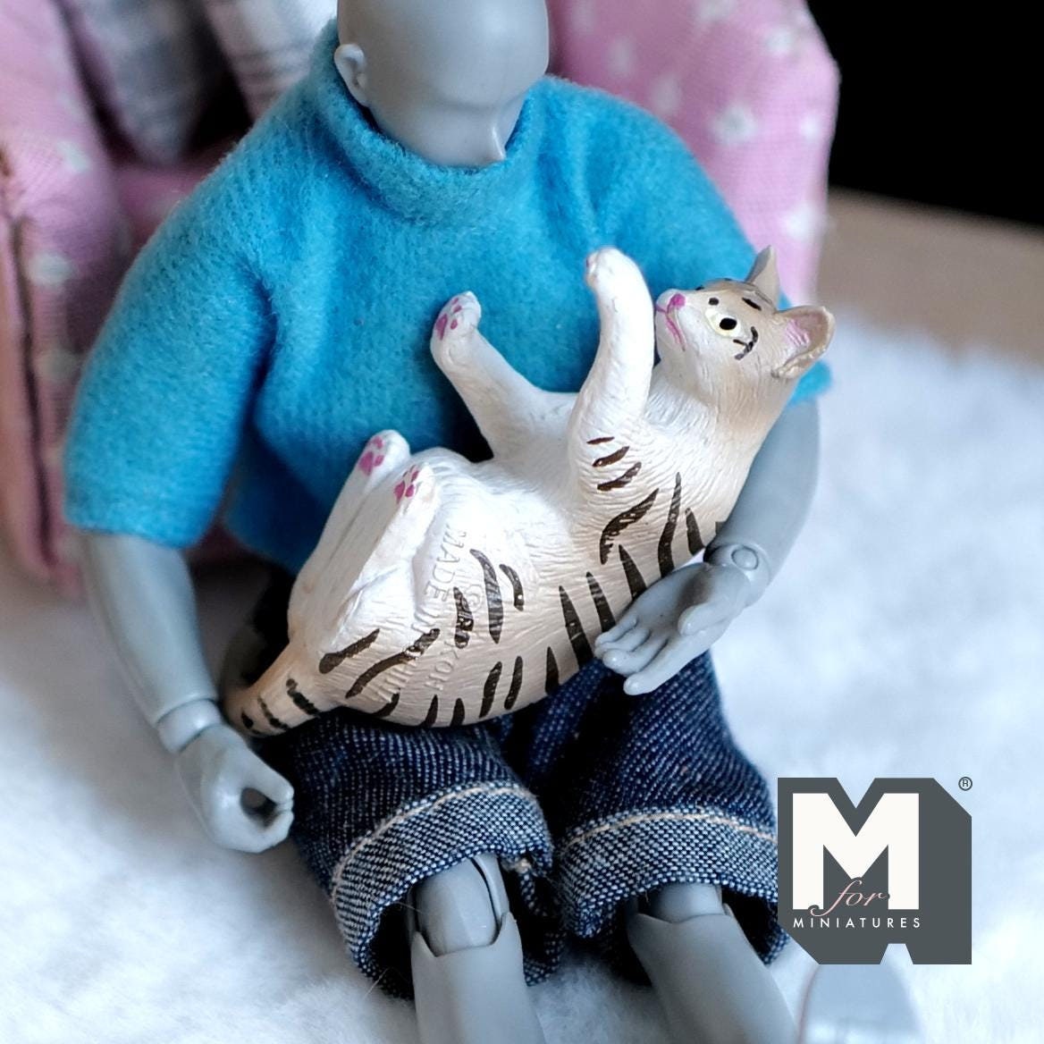 1:12 Scale Miniature Gray Tabby Cat, Lying Stretched Out, 2-3/16 inch long, DIY Dollhouse Supply