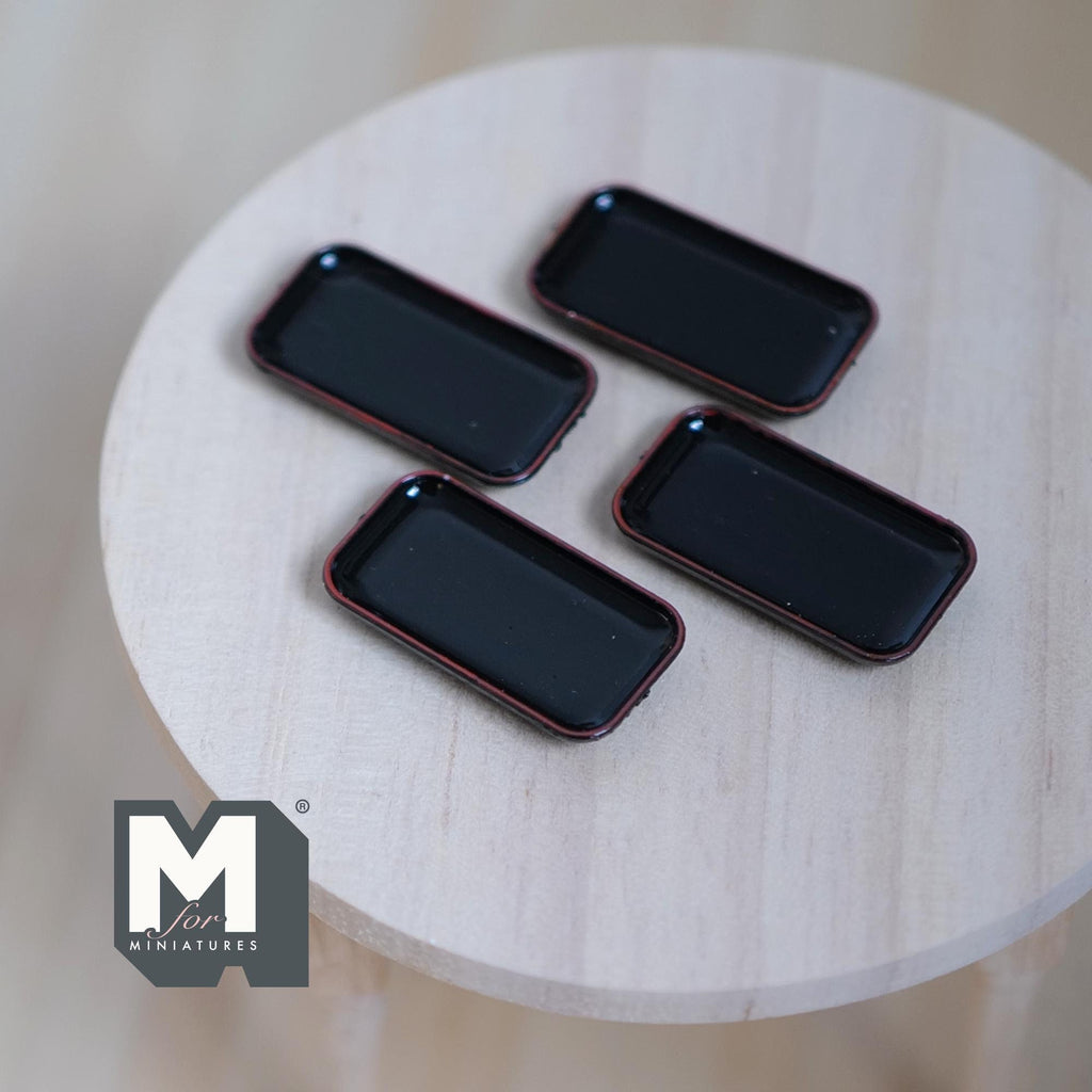 1:12 Scale Miniature Rectangular Plates, Set of 4, 1-1/16 inch long, DIY Dollhouse Supply (black with brown rim)