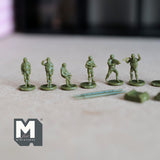 12 Miniature Army and Accessories 7/16 inch tall 1:150 Scale Soldiers Stretcher Sandbag Crate Drum UNASSEMBLED Set of 16  - K021