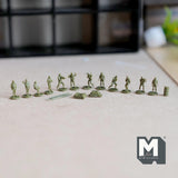 12 Miniature Army and Accessories 7/16 inch tall 1:150 Scale Soldiers Stretcher Sandbag Crate Drum UNASSEMBLED Set of 16  - K021