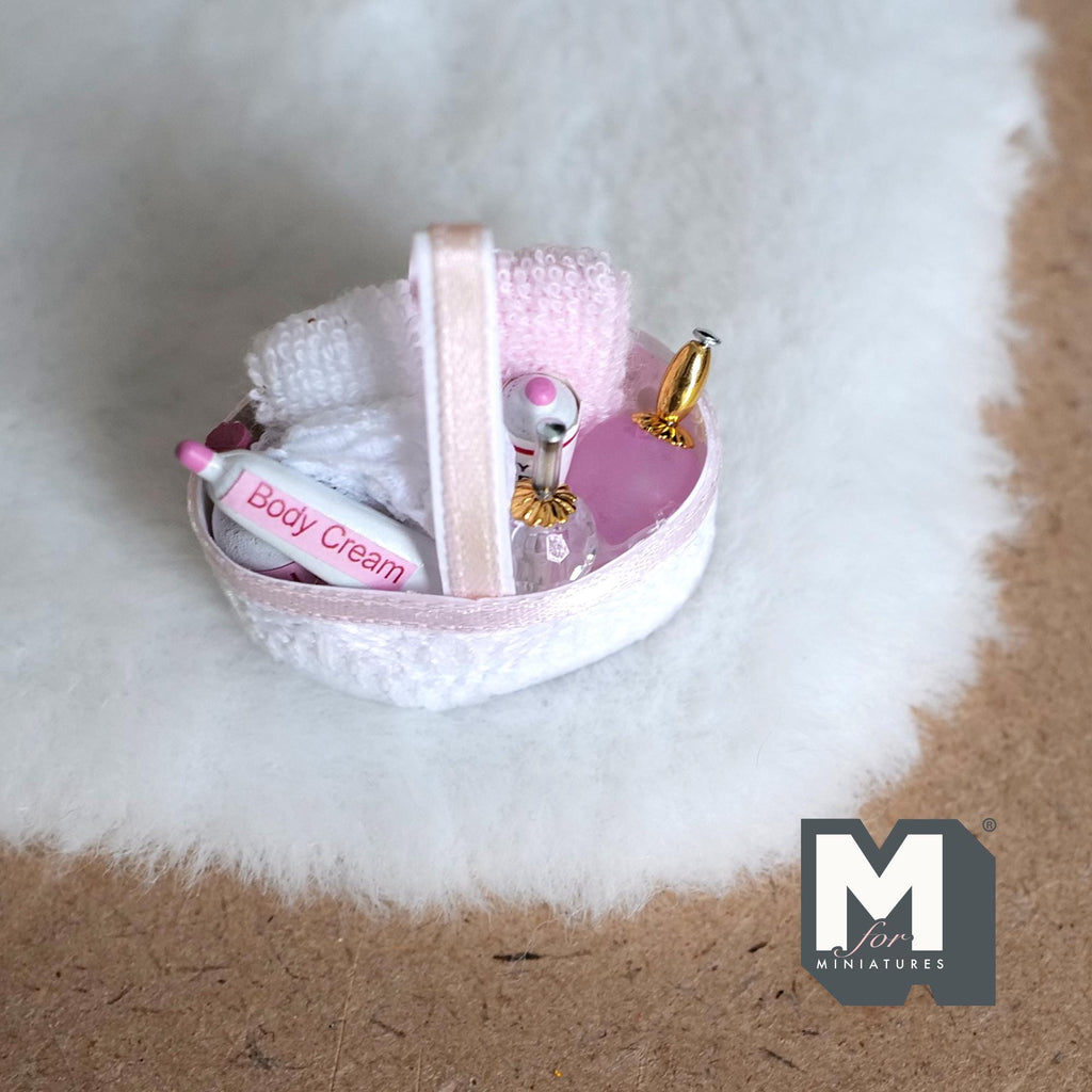 1:12 Scale Miniature Bathroom Basket with Towels and Perfume Bottles, 1-7/16 inch long, DIY Dollhouse Supply (pink and white)