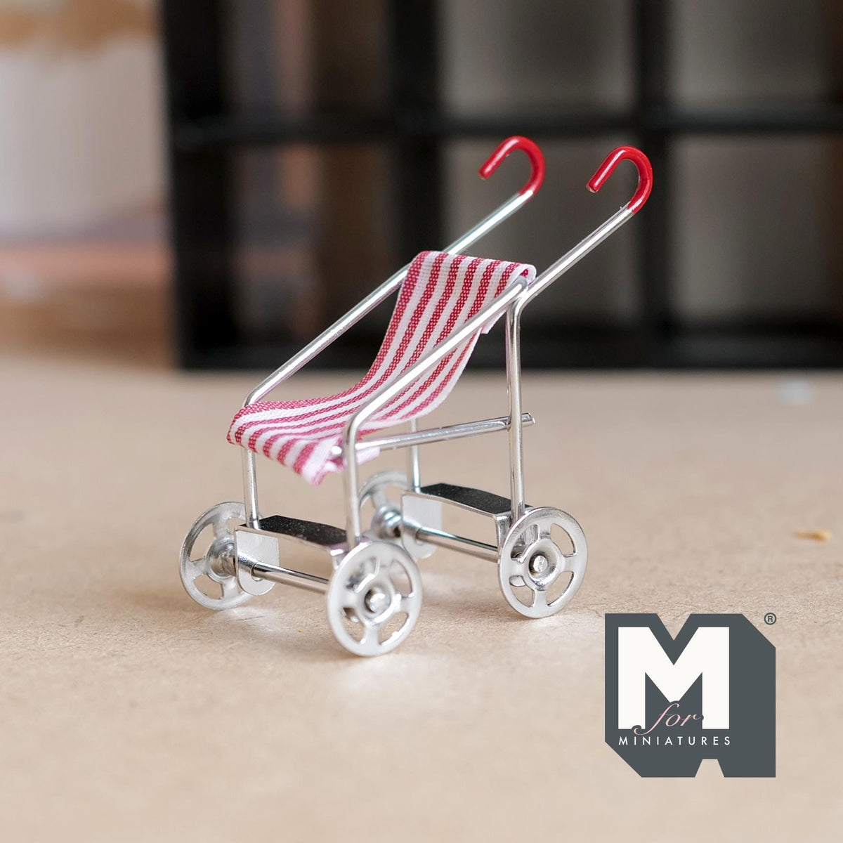 1:12 Scale Miniature Metal Baby Stroller with Striped Fabric Seat, 2-1/16 inch tall, DIY Dollhouse Supply (silver)
