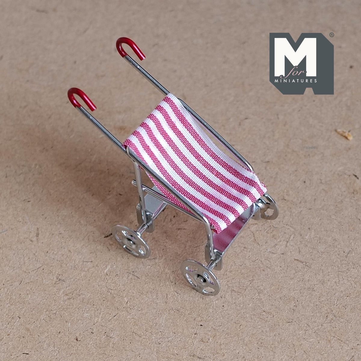1:12 Scale Miniature Metal Baby Stroller with Striped Fabric Seat, 2-1/16 inch tall, DIY Dollhouse Supply (silver)