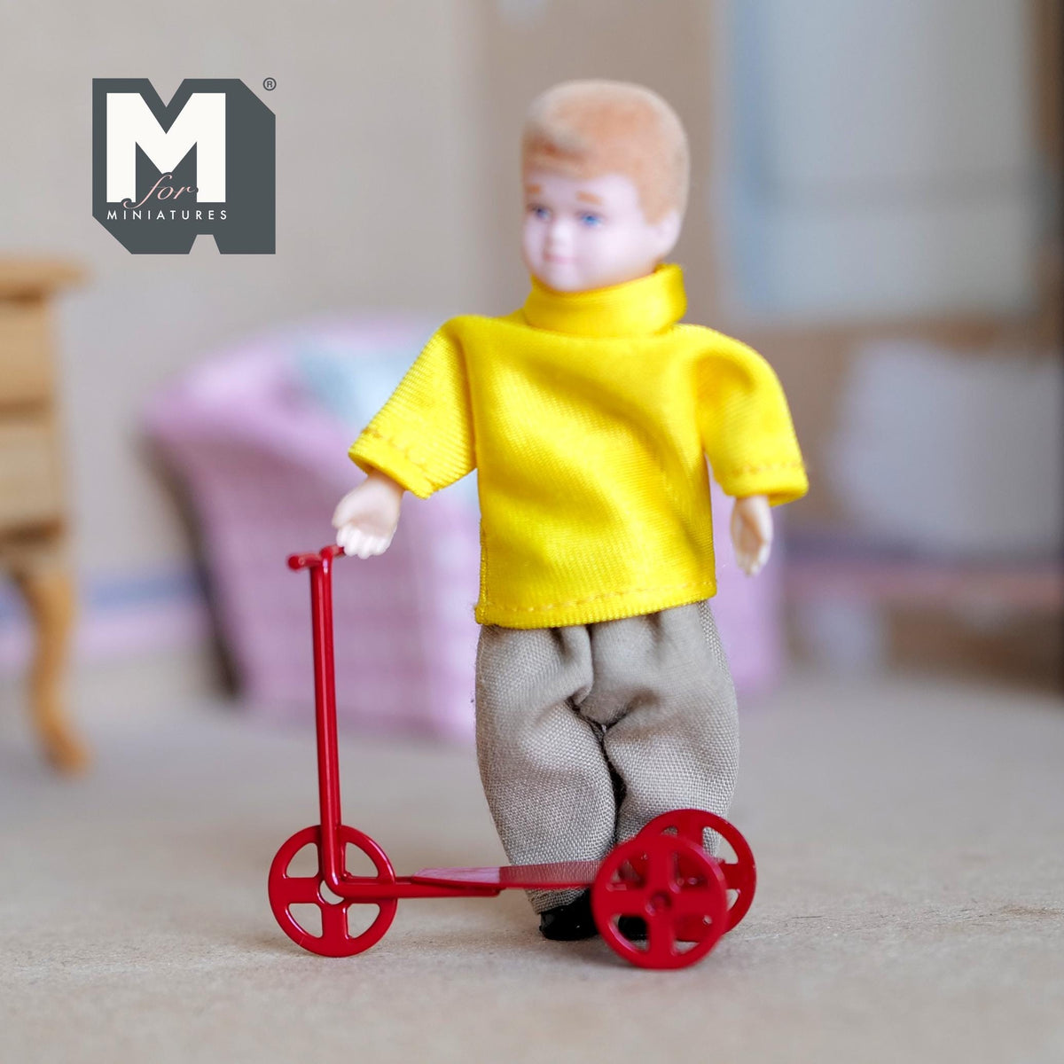 1:12 Scale Miniature Metal Kid Scooter, 2-1/16 inch long, DIY Dollhouse Supply (red)