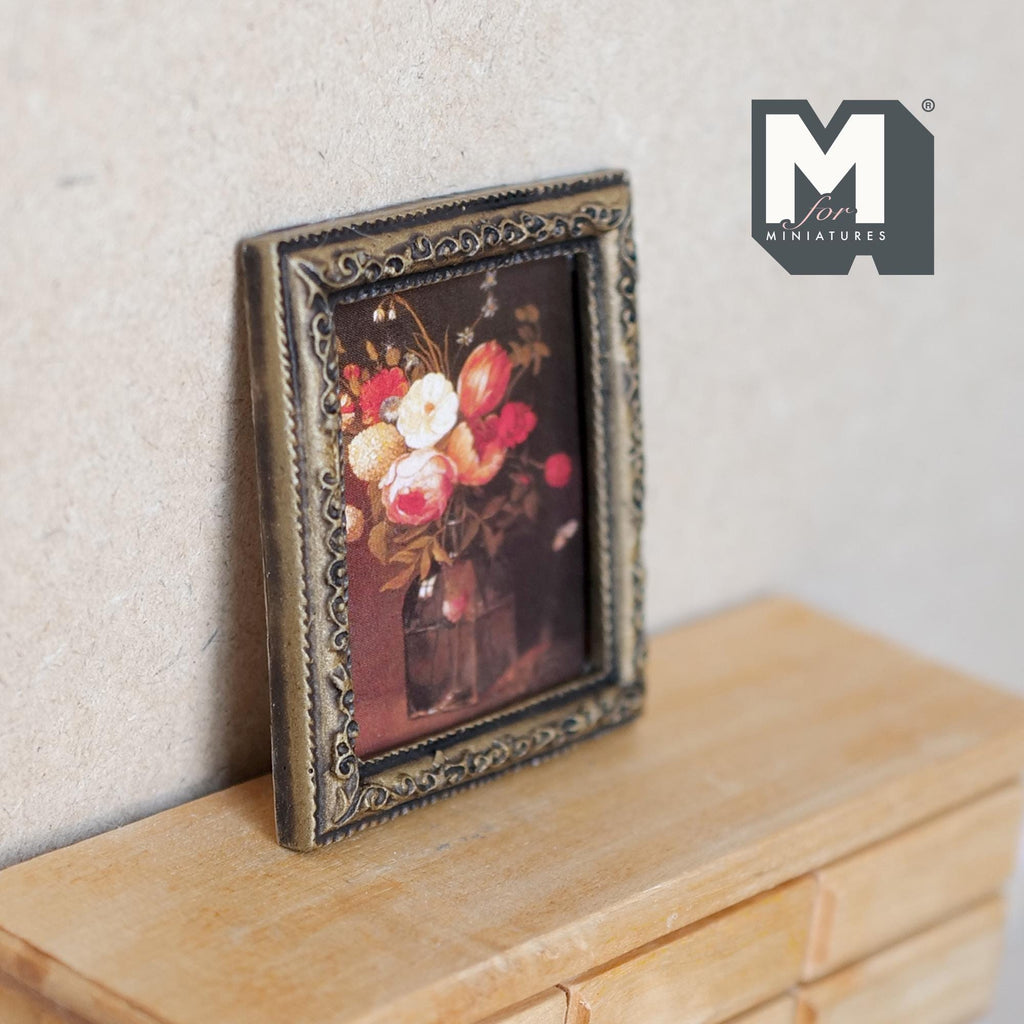 1:12 Scale Miniature Framed Rose Painting, Ornate Gold Frame, 2-1/2 inch tall, DIY Dollhouse Supply