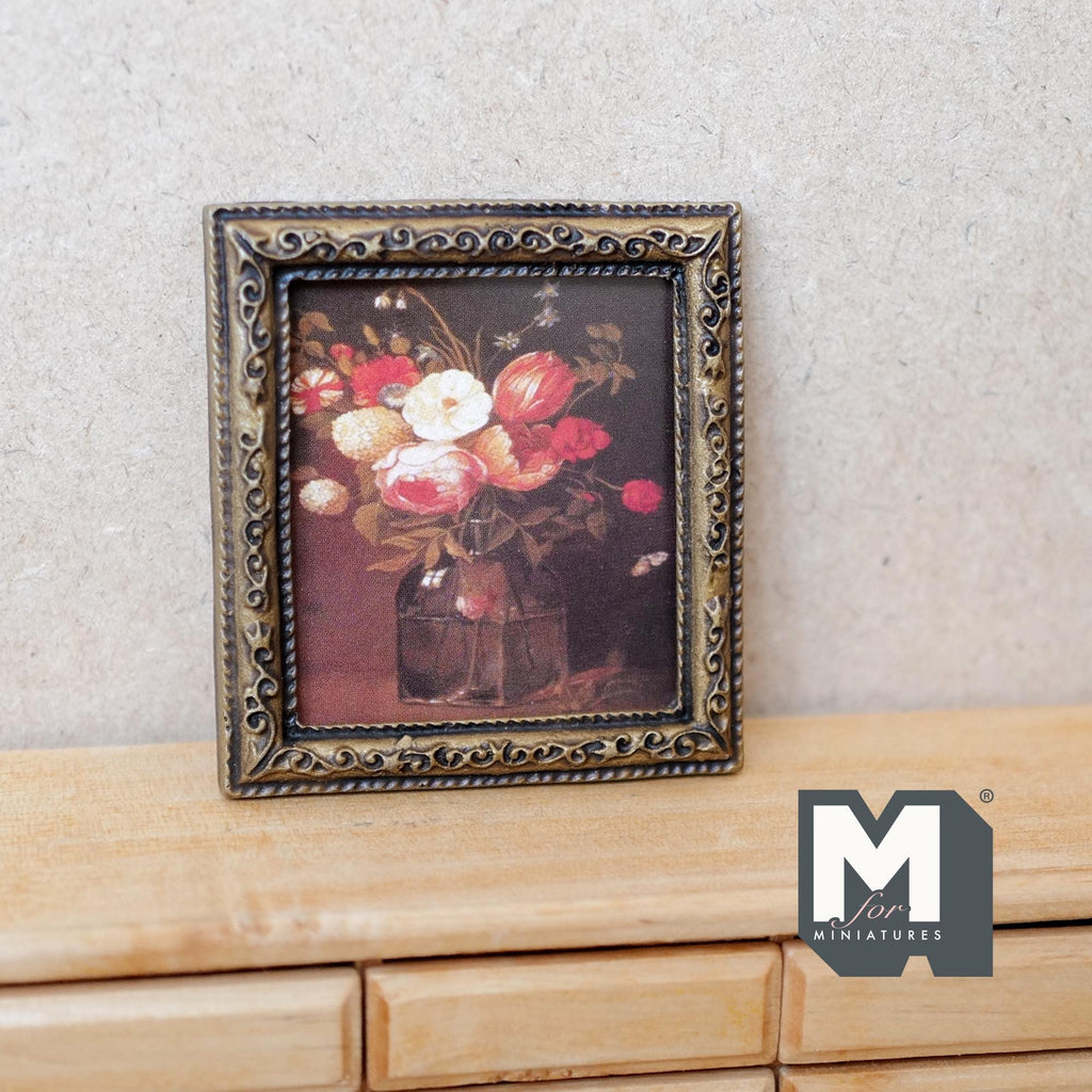 1:12 Scale Miniature Framed Rose Painting, Ornate Gold Frame, 2-1/2 inch tall, DIY Dollhouse Supply