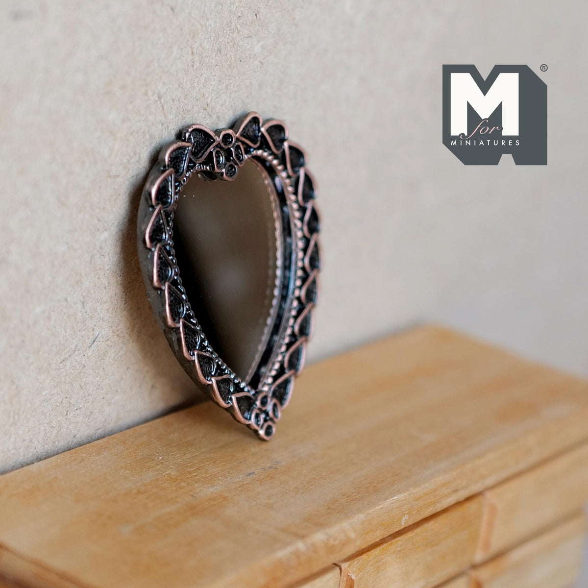 1:12 Scale Miniature Heart Shaped Mirror, Ornate Frame, 2-1/8 inch tall, DIY Dollhouse Supply (metal)