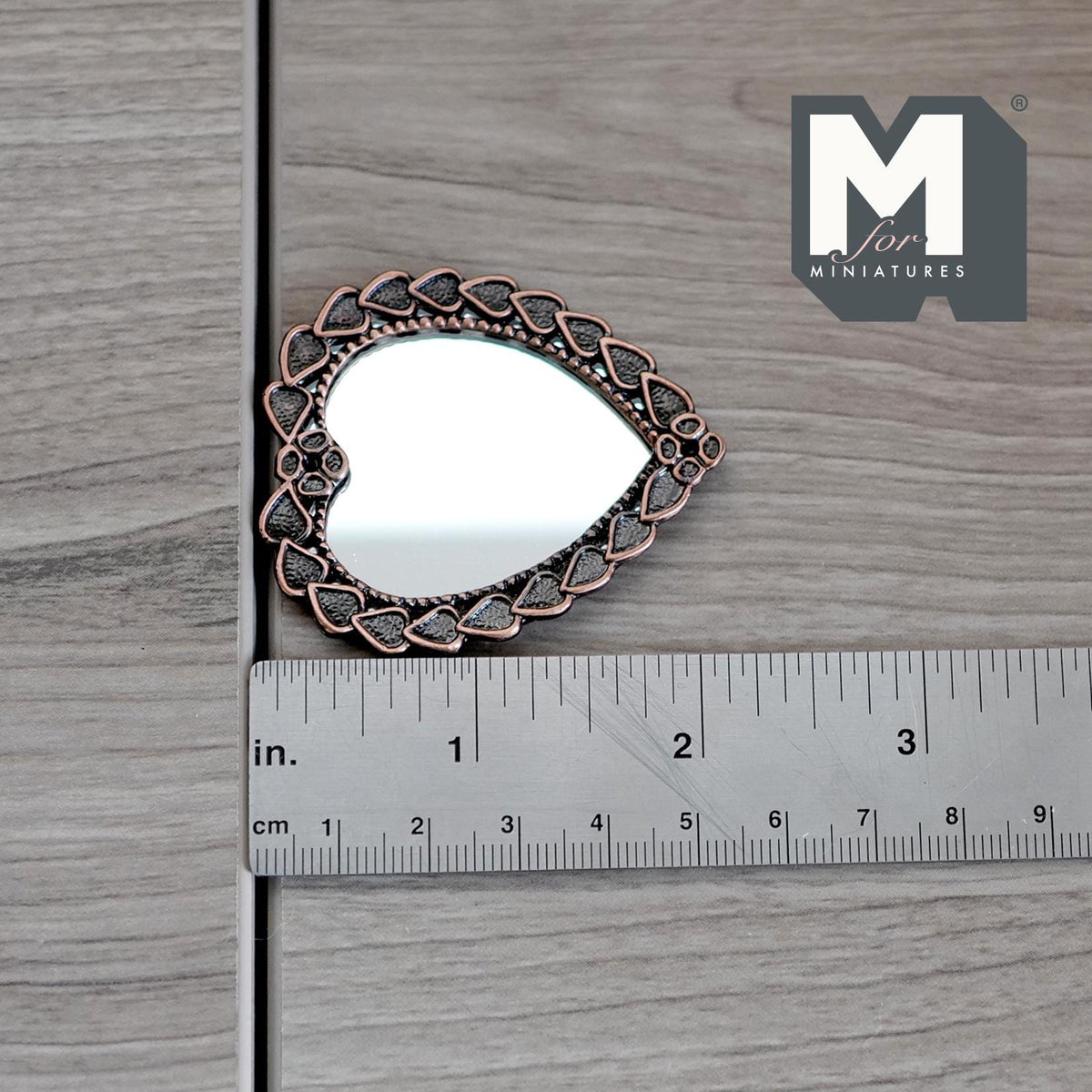 1:12 Scale Miniature Heart Shaped Mirror, Ornate Frame, 2-1/8 inch tall, DIY Dollhouse Supply (metal)