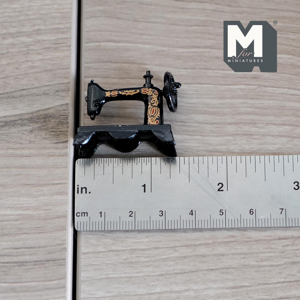 1:12 Scale Miniature Metal Sewing Machine, Vintage Treadle Style, 1-5/16 inch long, DIY Dollhouse Supply (black)
