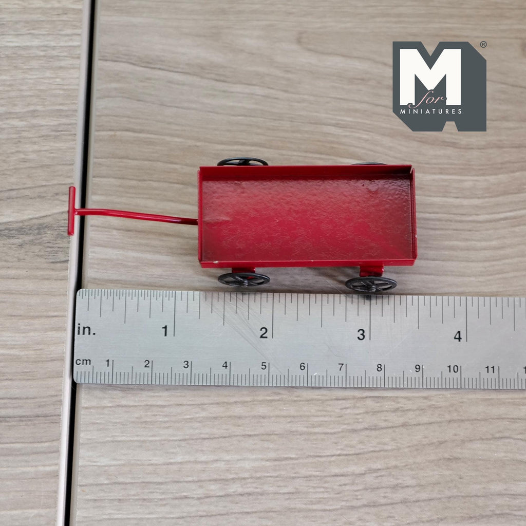 1:12 Scale Miniature Metal Pull Wagon with Long Handle, 1-3/16 inch wide, DIY Dollhouse Supply (red)