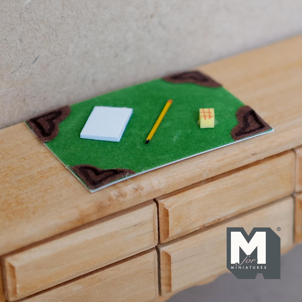 Miniature Work Desk with Pen Note Pad and Paper 1:12 Scale Desk Set - H016
