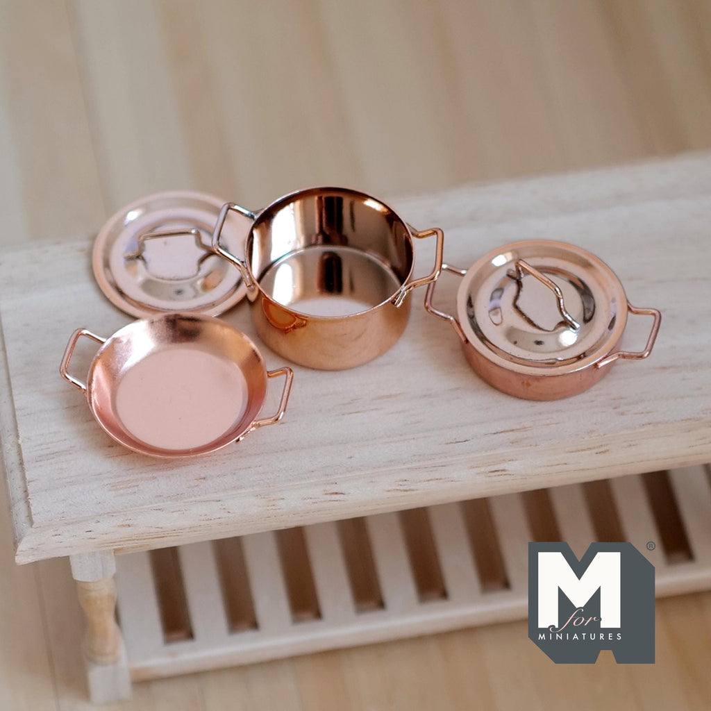 Miniature Cooking Pot and Pans 1:12 Scale Dollhouse Kitchenware Metal Pot and Pans with Lid 1-1/2 inch dia. Set of 3 (nickel plated) - A018