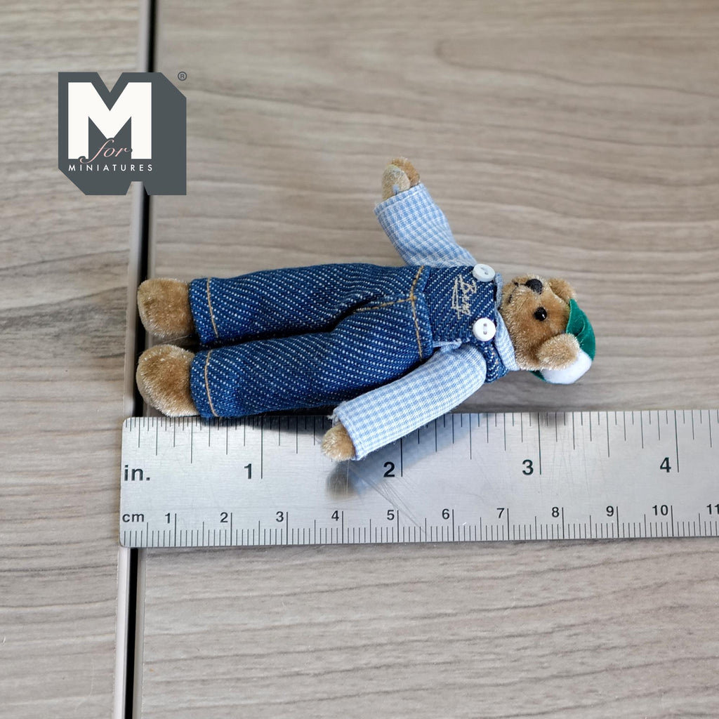 1:12 Scale Miniature Plush Bear in Denim Overalls and Cap, Movable Limbs, 3-3/16 inch tall, DIY Dollhouse Supply