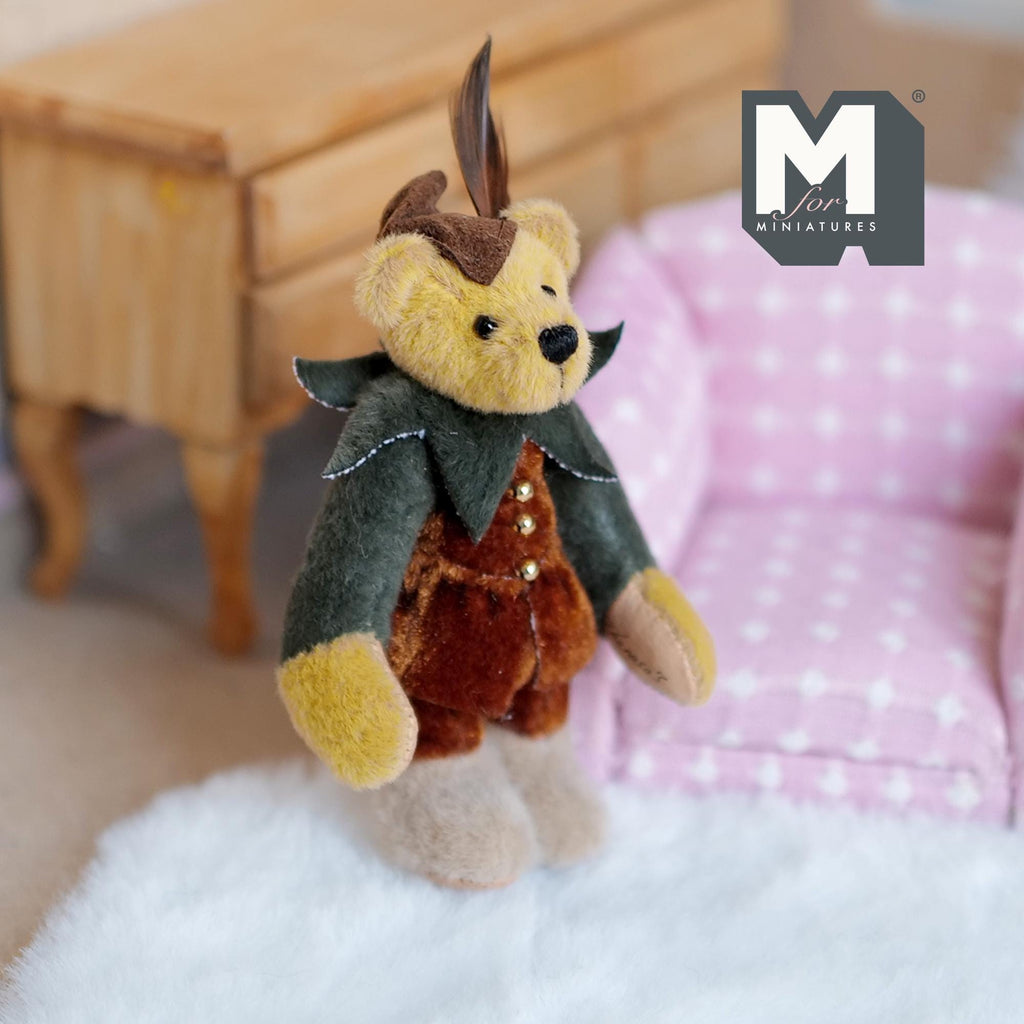 1:12 Scale Miniature Plush Archer Bear with Bow and Quiver, Feather Hat, 3-1/4 inch tall, DIY Dollhouse Supply
