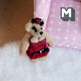 Miniature Plush Bear in Cocktail Dress and Headpiece 1:12 Scale Dollhouse Supplies Push Bear 2 inch tall (from WMB) - H047