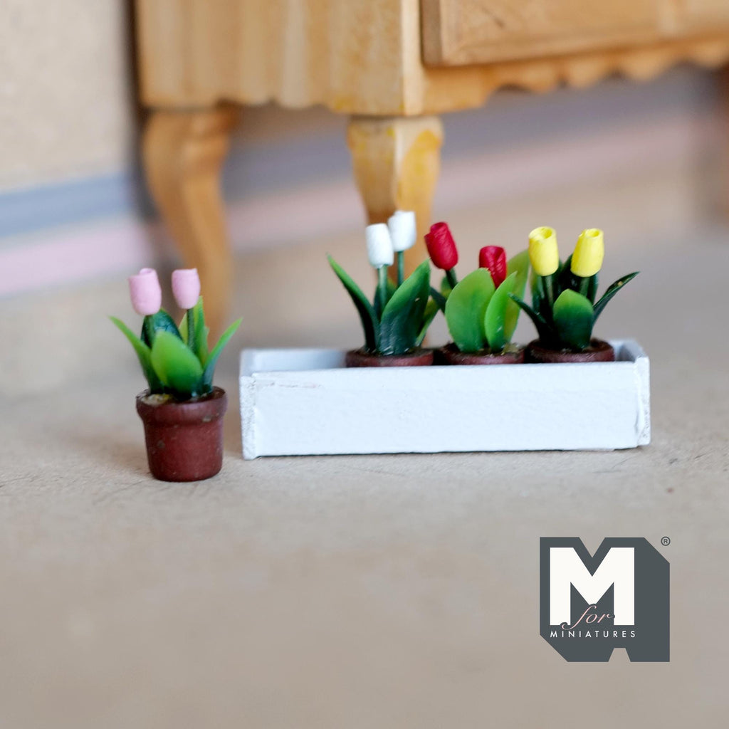 1:12 Scale Miniature Flower Tray with 4 Potted Tulips, 1-5/8 inch wide, DIY Dollhouse Supply (wood)