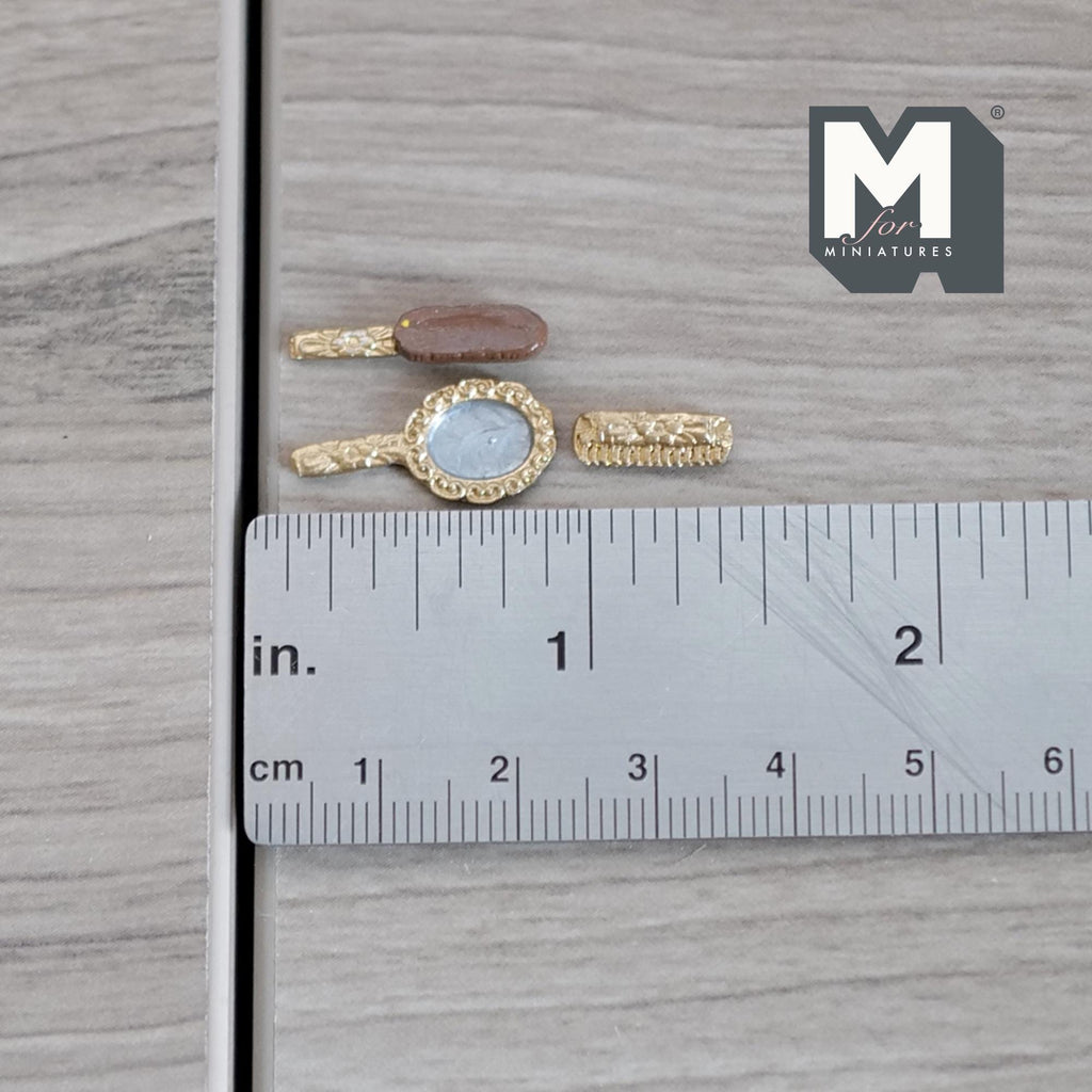 1:12 Scale Miniature Dresser Set, Hand Mirror, Comb and Brush, Set of 3, 1 inch long, DIY Dollhouse Supply (gold) (metal)