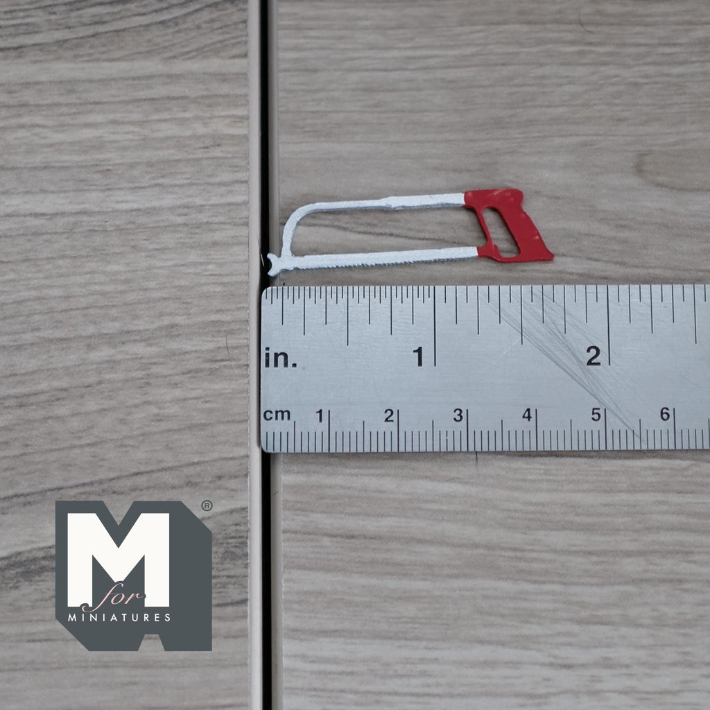 1:12 Scale Miniature Hacksaw, Red Handle, 1-11/16 inch long, DIY Dollhouse Supply (metal)