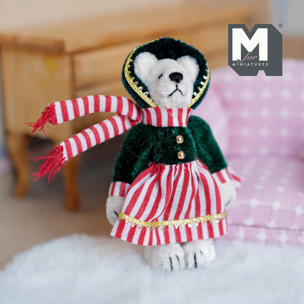 1:12 Scale Miniature Plush Bear in Winter Coat, Striped Scarf and Bonnet, 3-5/16 inch tall, DIY Dollhouse Supply