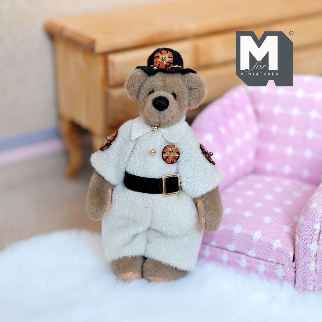 1:12 Scale Miniature Plush Bear in Police Uniform and Hat, Movable Limbs, 3-3/8 inch tall, DIY Dollhouse Supply