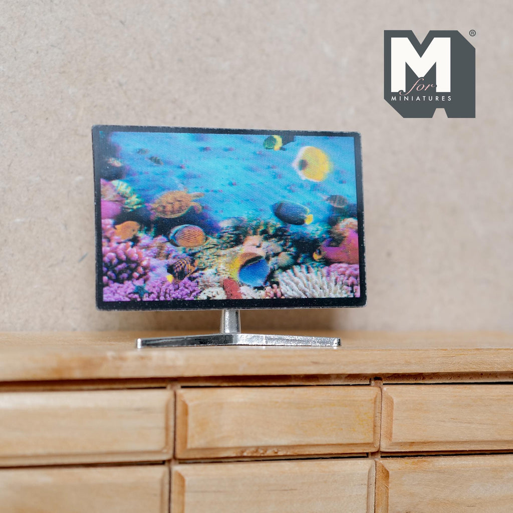 1:12 Scale Miniature Flat Screen TV on Stand, Aquarium Screen, 2-5/16 inch wide, DIY Dollhouse Supply (non working)