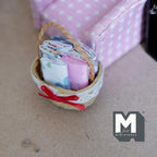 1:12 Scale Miniature Woven Rope Basket with Folded Linens, Lace Trim and Red Bow, 1-13/16 inch long, DIY Dollhouse Supply