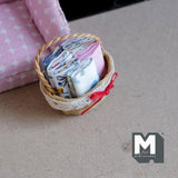 Dollhouse Supplies Basket with Folded Linens 1:12 Scale Bamboo Rope Basket of Linen 1-3/16 inch wide (fabric fixed to basket) - D022