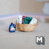 Dollhouse Supplies Laundry Basket and Detergent 1:12 Scale Basket with Folded Linens (fabric fixed to basket) - F011