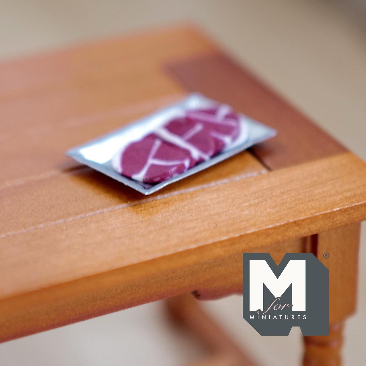 1:12 Scale Miniature Raw Steak on Tray, Marbled Cut, 1-3/16 inch long, DIY Dollhouse Supply (non edible)