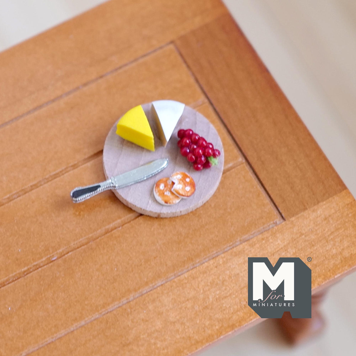Miniature Cheese Board Grapes and Knife 1:12 Scale Dollhouse Supplies Cheese Cutting Board 7/16 inch tall - E026