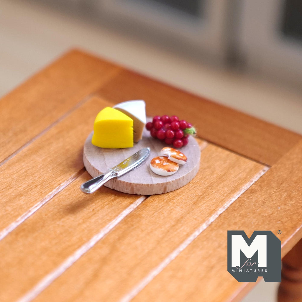 Miniature Cheese Board Grapes and Knife 1:12 Scale Dollhouse Supplies Cheese Cutting Board 7/16 inch tall - E026