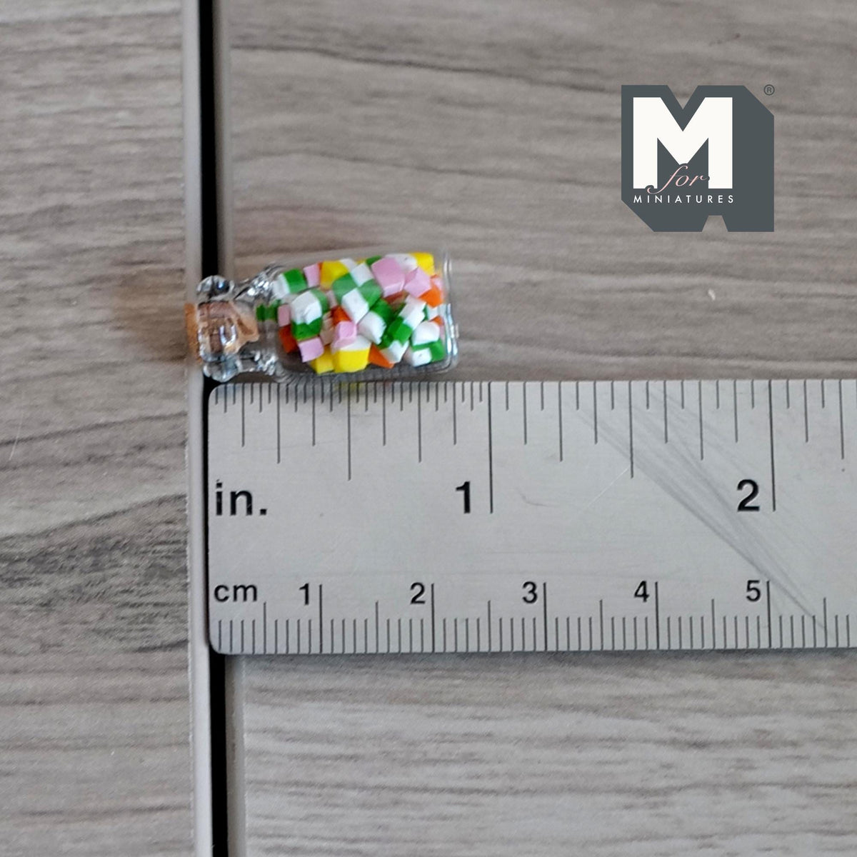 1:12 Scale Miniature Jar of Candy Squares with Cork Lid, 13/16 inch tall, DIY Dollhouse Supply (glass)