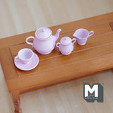 Miniature Metal Teapot and Cups Set 1:6 Scale Dollhouse Supplies Kitchenware Teapot Milk Jug Saucer Cup and Plates (pink) - A035