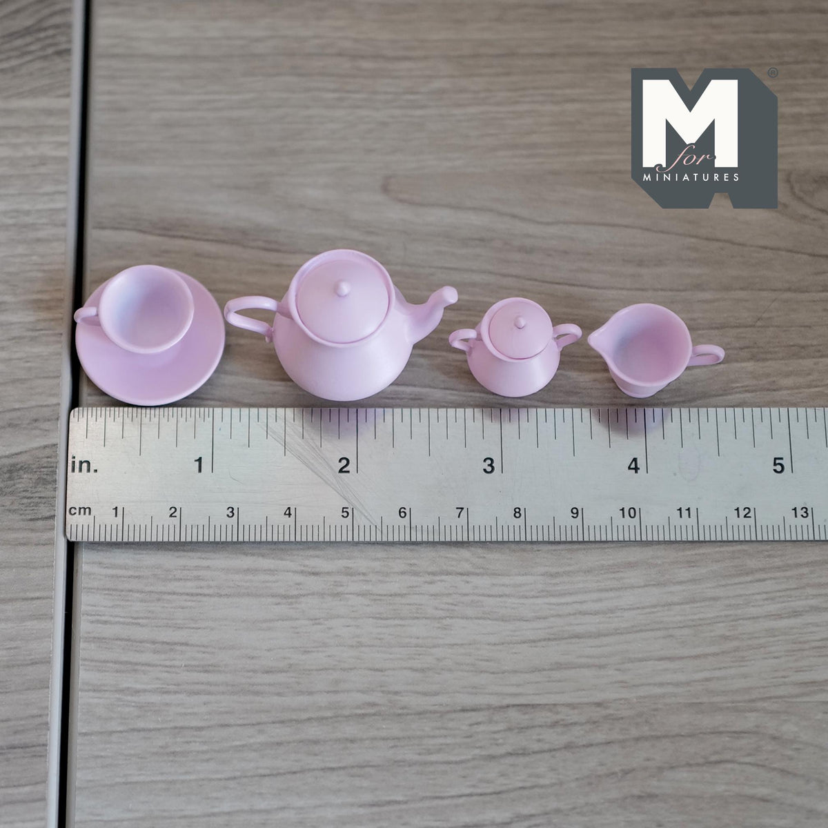 1:6 Scale Miniature Tea Set with Teapot, Cup, Saucer, Milk Jug and Sugar Bowl, Set of 5, DIY Dollhouse Supply (lavender)