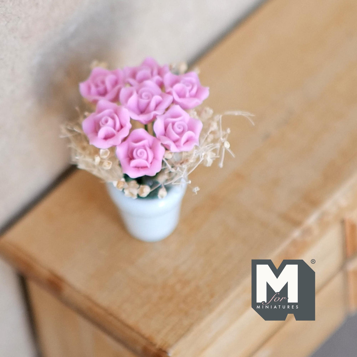 1:12 Scale Miniature Pink Roses in White Ceramic Pot, 1-9/16 inch tall, DIY Dollhouse Supply