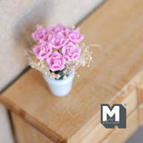Miniature Pink Rose in Vase 1:12 Scale Dollhouse Supplies Garden Flowers Roses in Ceramic Pot 1-9/16 inch tall - F098