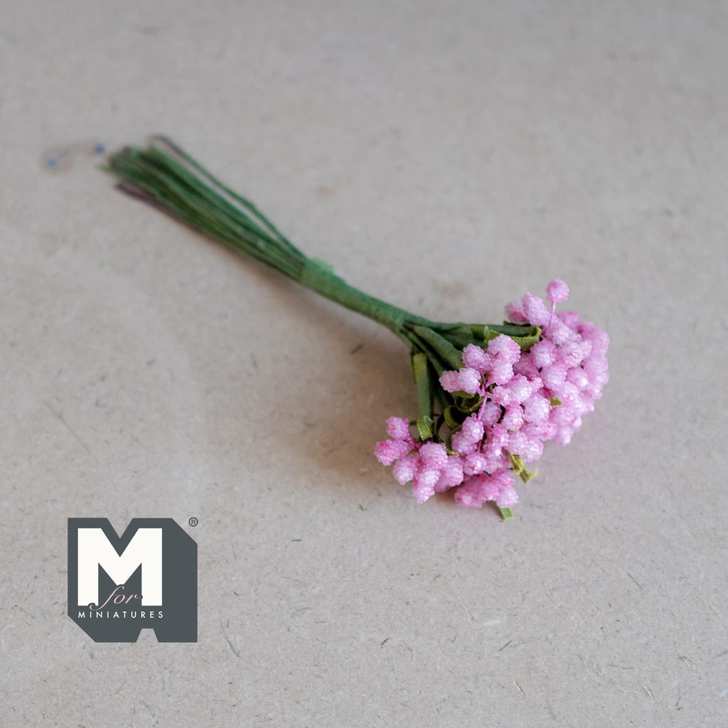 1:12 Scale Miniature Pink Glitter Berry Bunch, Flower Stem for Fairy Garden and Diorama, 3-15/16 inch long, Dollhouse Craft Supply