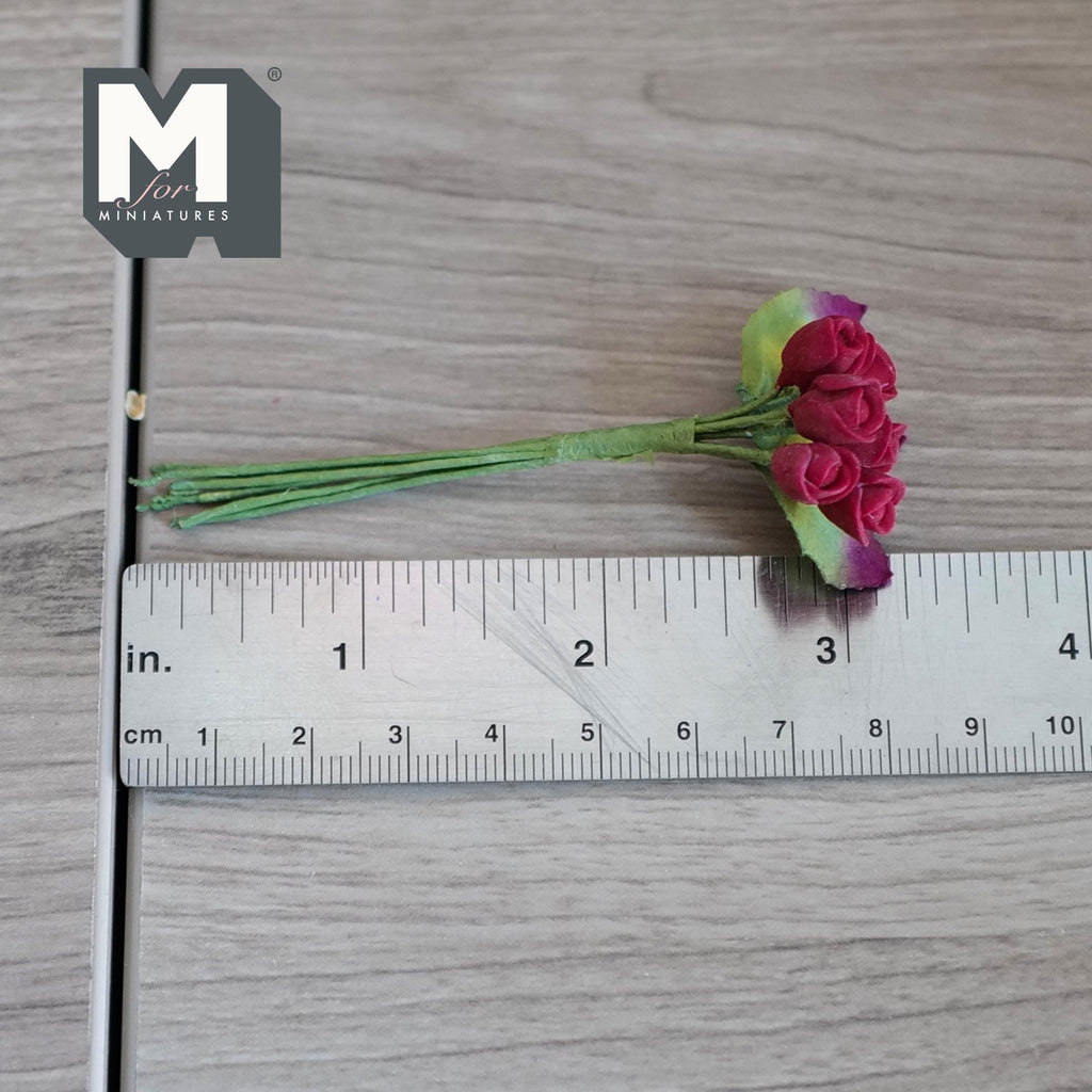 1:12 Scale Miniature Red Rosebuds Bunch with Leaves, Flower Stem for Fairy Garden and Diorama, 3-1/8 inch long
