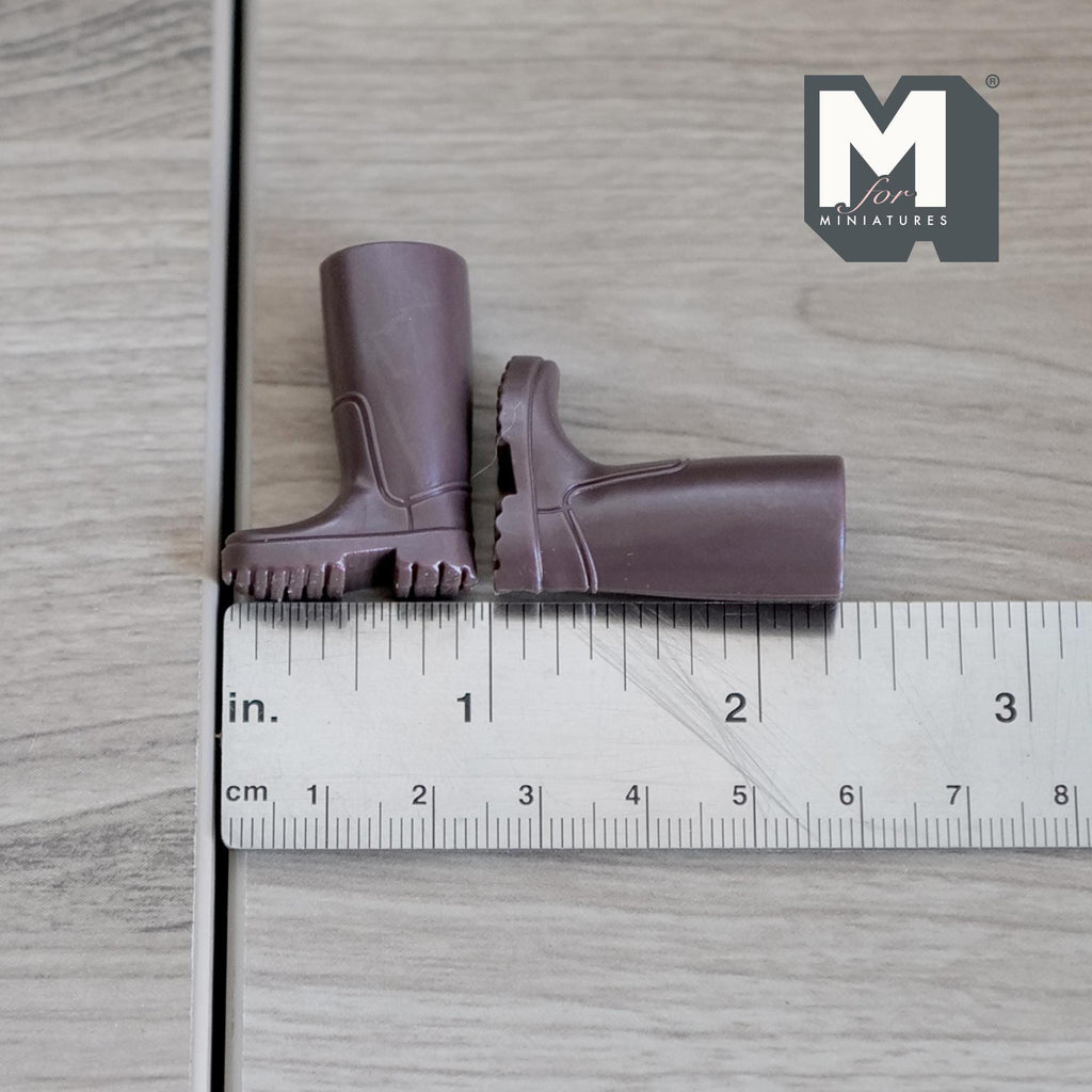 1:12 Scale Miniature Rubber Rain Boots, Pair, 1-5/16 inch tall, DIY Dollhouse Supply (brown)