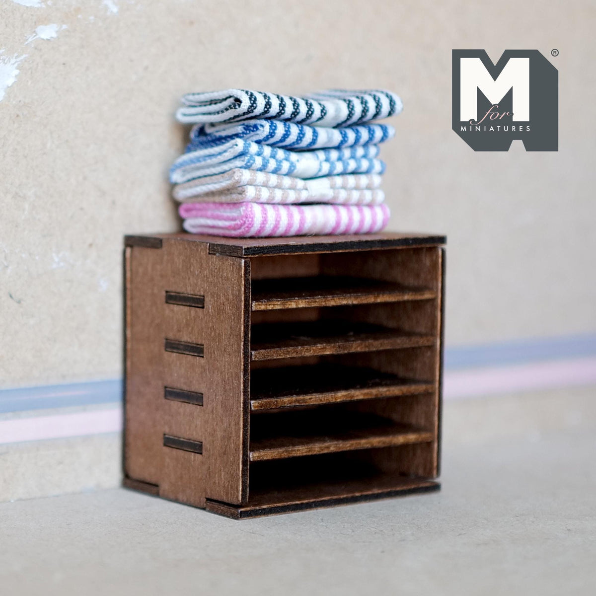 1:12 Scale Miniature Wood Fabric Shelf with Folded Textiles, 2-3/16 inch tall, DIY Dollhouse Supply (dark brown)