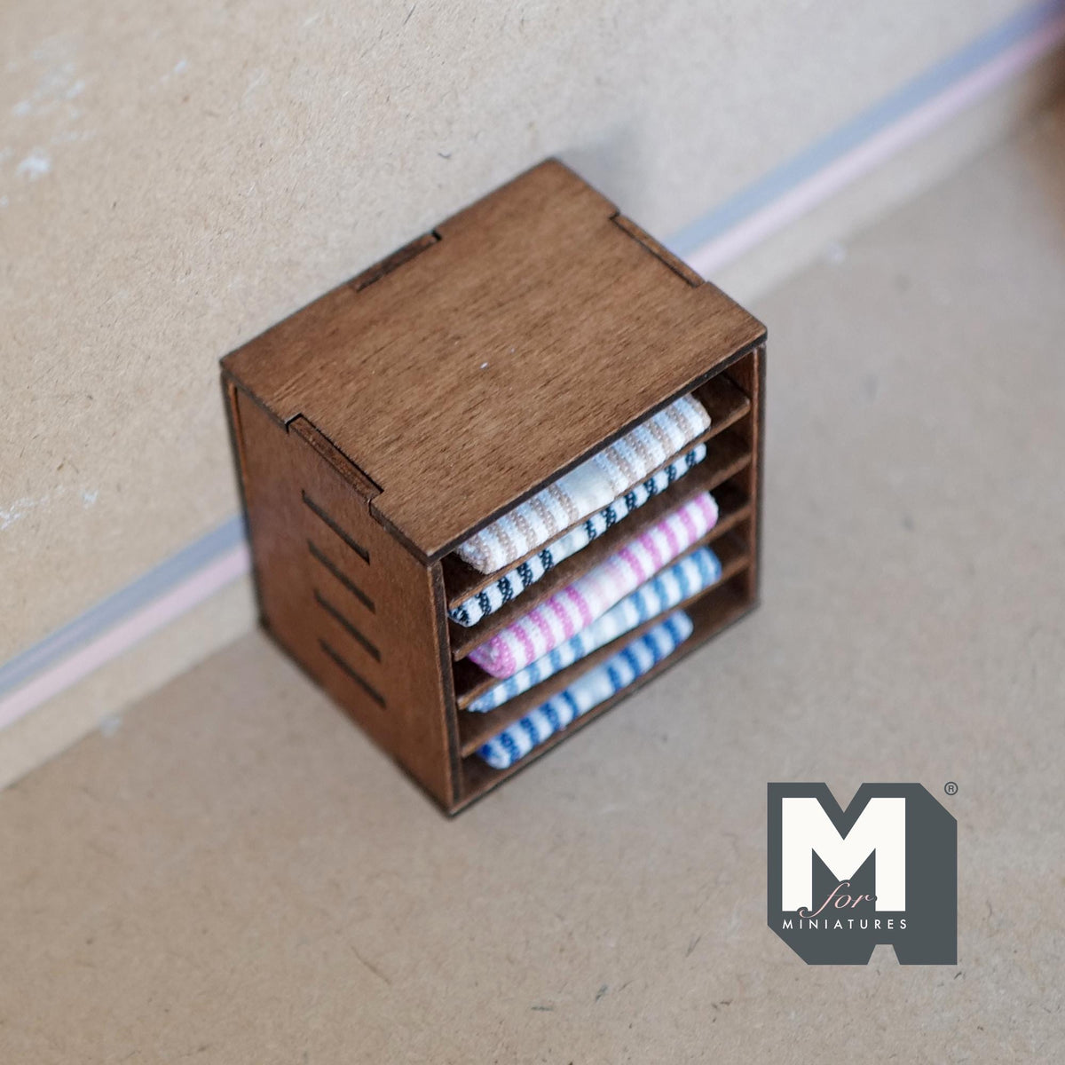 1:12 Scale Miniature Wood Fabric Shelf with Folded Textiles, 2-3/16 inch tall, DIY Dollhouse Supply (dark brown)